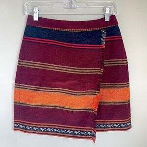 LOFT Petites Burgundy Stripe Fringe Mini Skirt Size 2P Boho Southwestern